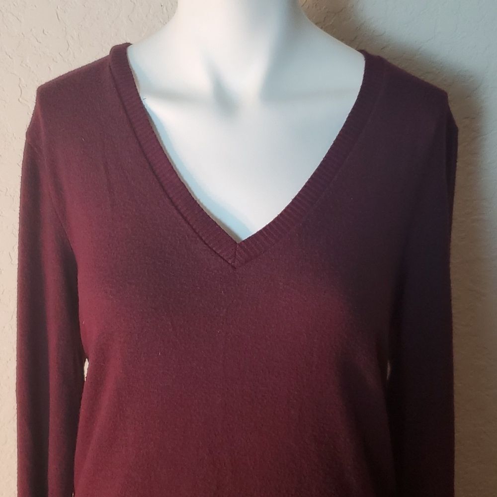Lucky Brand Burgundy V-Neck Sweater Women's S/P Soft Knit Pullover Tunic Maroon - Picture 1 of 14